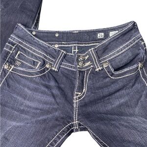 Miss Me Dark Wash Jeans with White Stitching and bling cross